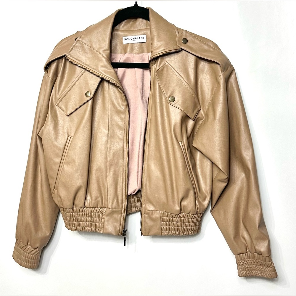NONCHALANT Label Agathe Womens Beige Tan Faux Leather vegan Full zip Jacket XS